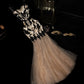 Robe de soirée longue en satin noir champagne avec appliques florales gh4423