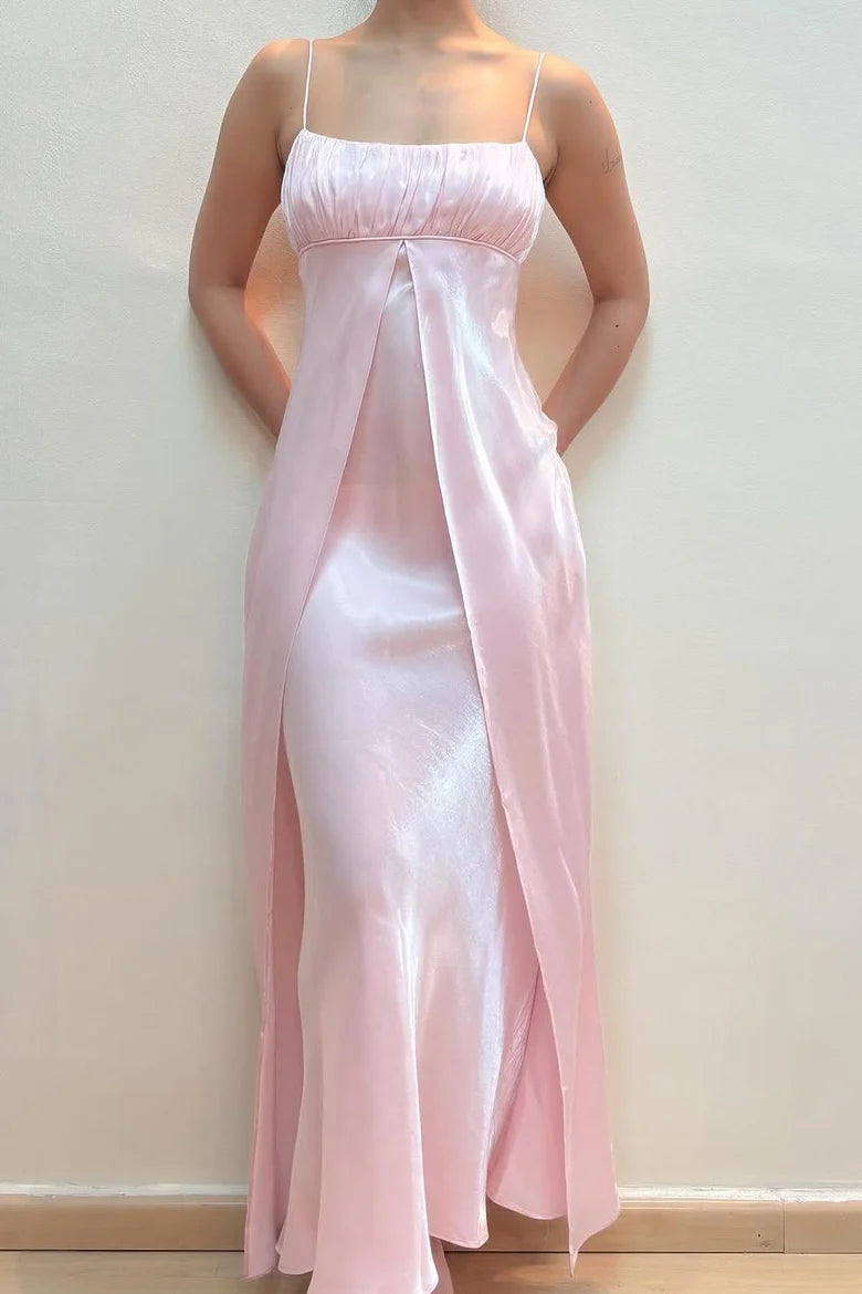 girlhomeshops-- Robe de soirée rose style fée, coupe trapèze, bretelles spaghetti, taille haute, sans manches, longue, en satin, gh5724