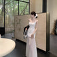French-style white mesh slip dress, new spring style, elegant and sophisticated, petite and fitted long dress.  11454