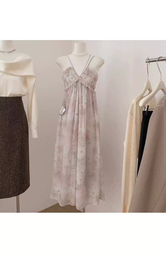 Summer fresh and elegant French style first love long dress, pure and sweet floral print sleeveless sundress  11490