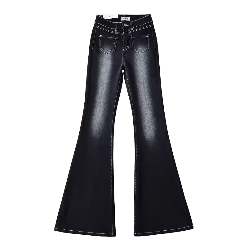 Jean slim pour femme, style rétro, taille haute, longueur au sol, avec coutures apparentes et poches avant. 11418