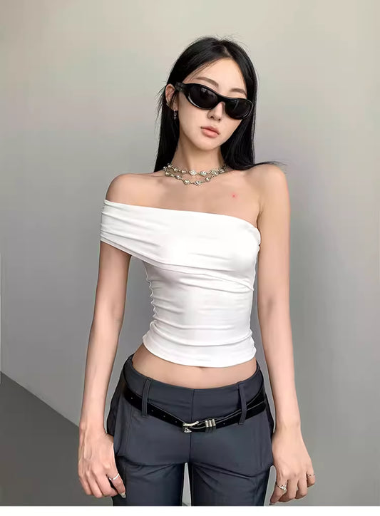 Off-the-shoulder top for women, perfect for autumn, strapless, backless, pleated, and worn as an inner layer; sexy camisole/short tank top. 11469