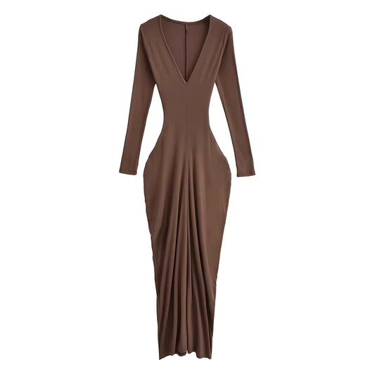 European and American style sexy pleated bodycon skirt autumn new thick brushed V-neck elegant long dress 11426