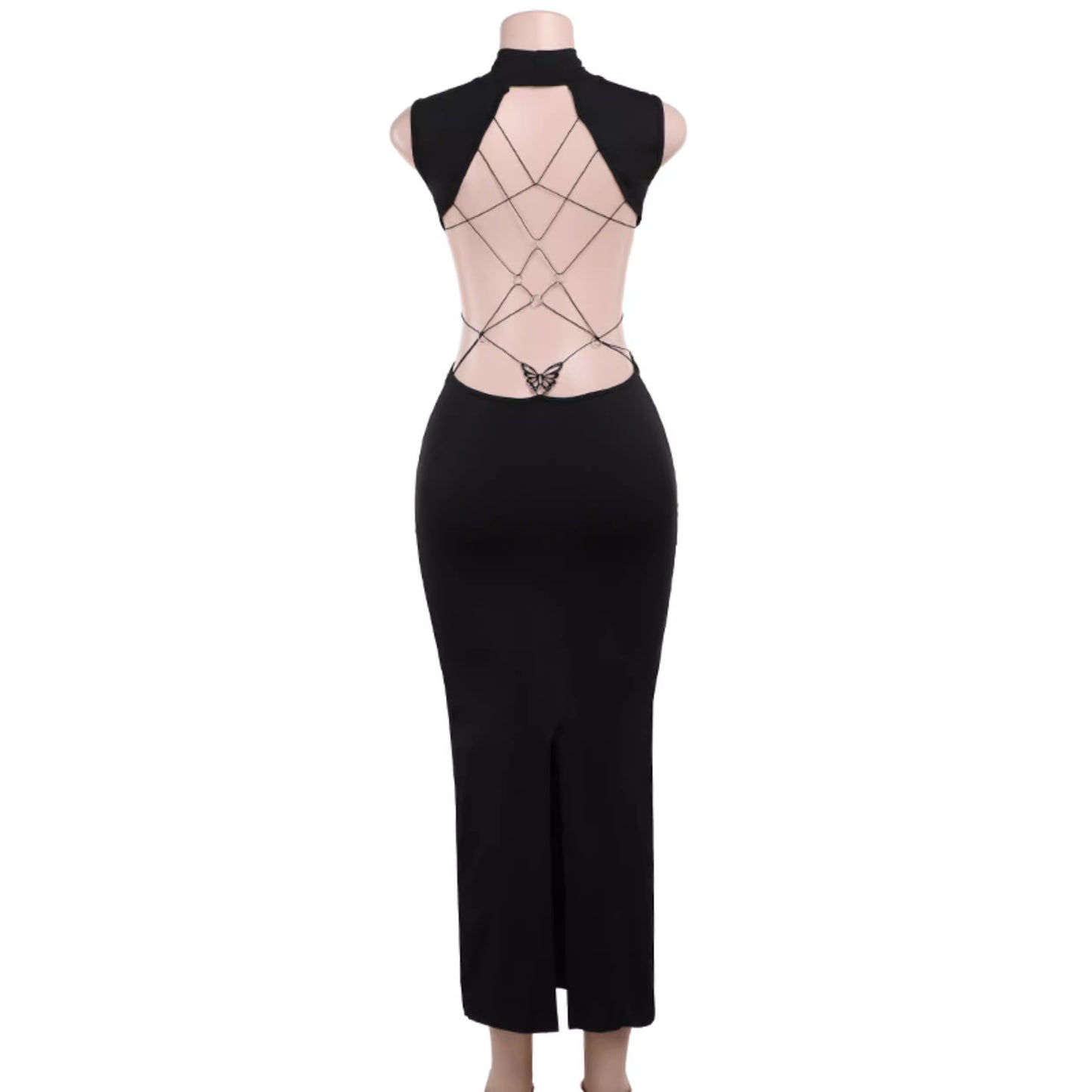 Robe dos nu à découpe papillon métallisée, style européen et américain, coupe sexy, jupe longue fendue amincissante 11488