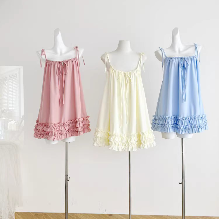 New Spring French Sweet and Alluring Tie-Waist Ruffled Sundress, Slimming and Youthful Pink Dress   11457