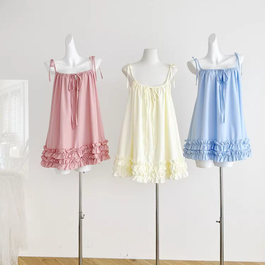 New Spring French Sweet and Alluring Tie-Waist Ruffled Sundress, Slimming and Youthful Pink Dress   11457
