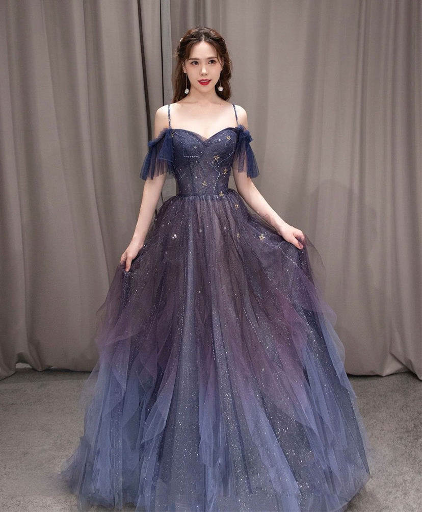 Lila Farbverlauf Tüll Langes Ballkleid, Wunderschönes A-Linien Abendkleid gh2643