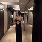 Contrasting Style Backless Dress Women's Summer Slim Fit Long Dress Black High-End Elegant Skirt Bodycon Skirt  11450