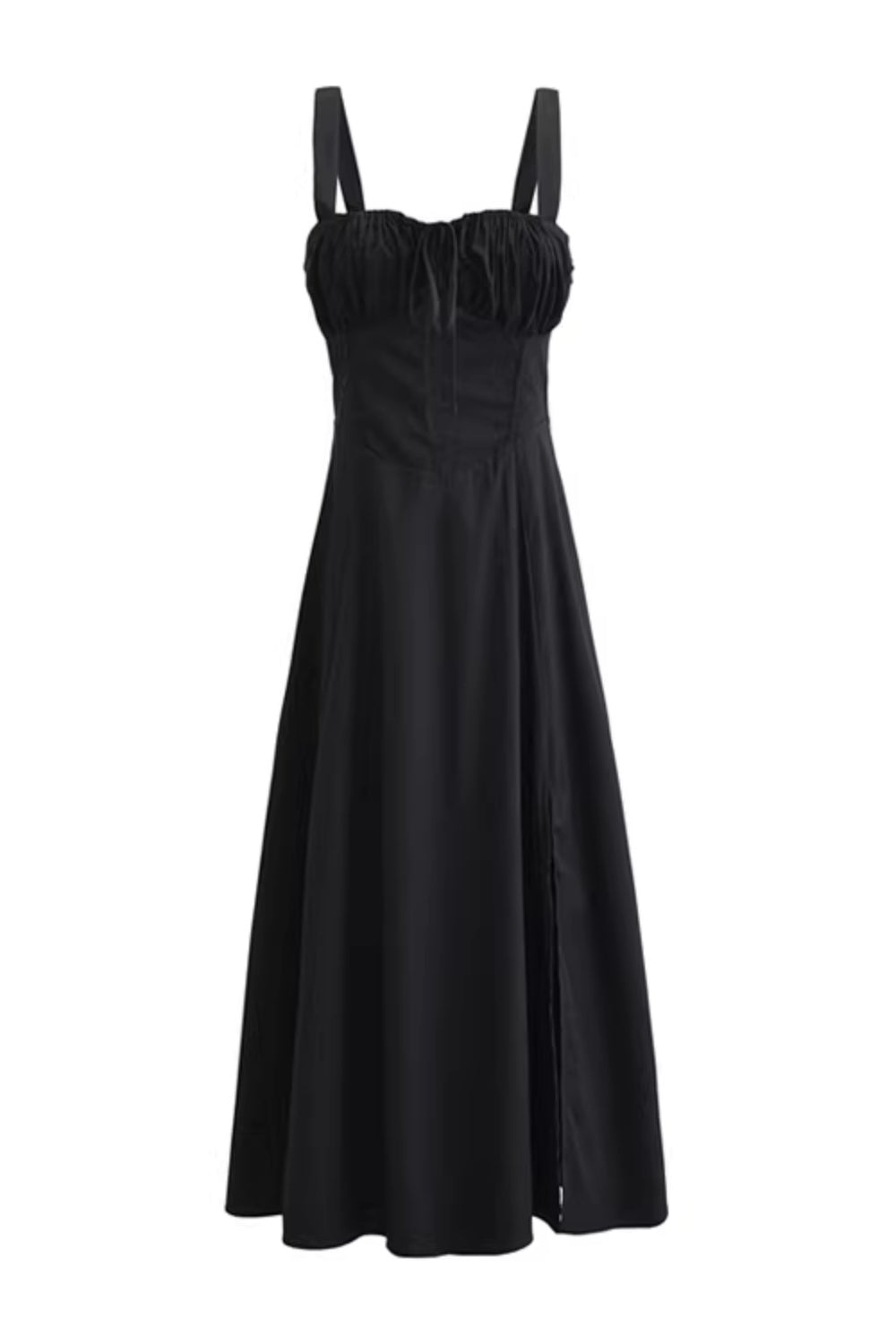 White dress with drawstring neckline, low-cut, mid-length, fitted waist, and slit spaghetti straps.  11346