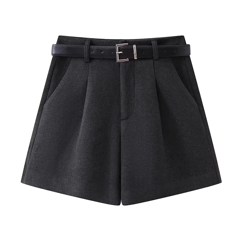 Short tailleur en laine grise pour femme, pantalon chaud printemps-automne, culotte, amincissant, ample, taille haute, jambes larges, coupe bootcut pour femmes légèrement rondes 11413