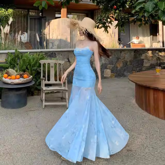 Stylish lace-trimmed spaghetti strap dress, new summer style, waist-cinching, youthful printed mesh fishtail maxi dress  11451