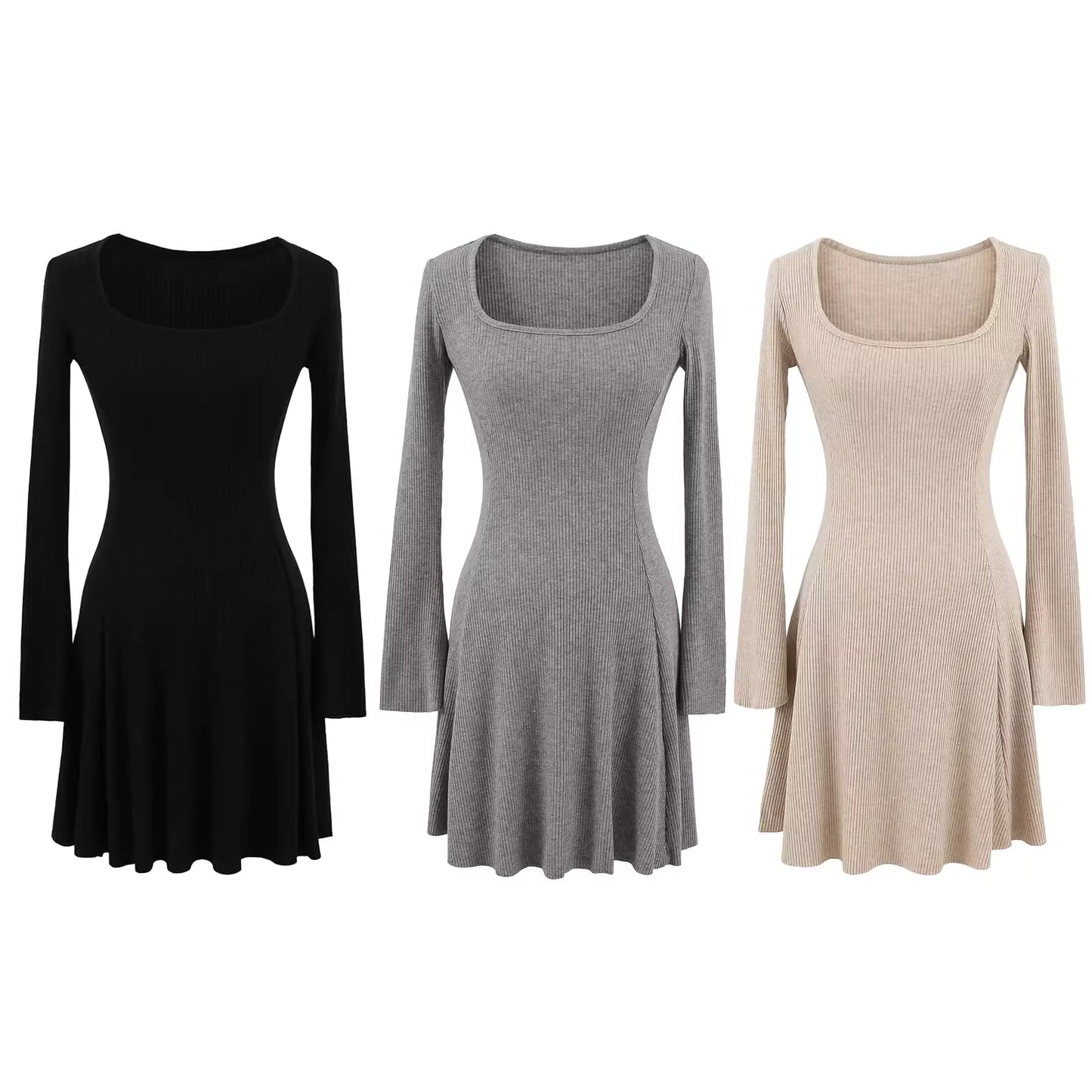 Robe en maille noire à col carré et manches longues pour femme, automne-hiver, amincissante et flatteuse, idéale comme sous-couche ou robe pull. 11439
