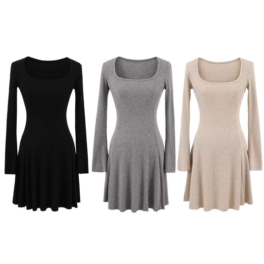 Black square neck long-sleeved knit dress for women, autumn and winter, slimming and flattering, perfect as an inner layer or sweater dress.  11439