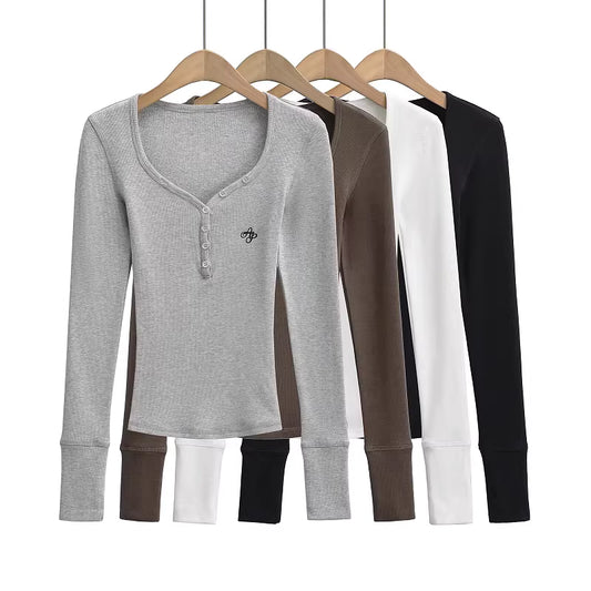American retro style fleece-lined brushed button-down long-sleeved base shirt for women, new autumn and winter style, slim fit inner layer top 11435