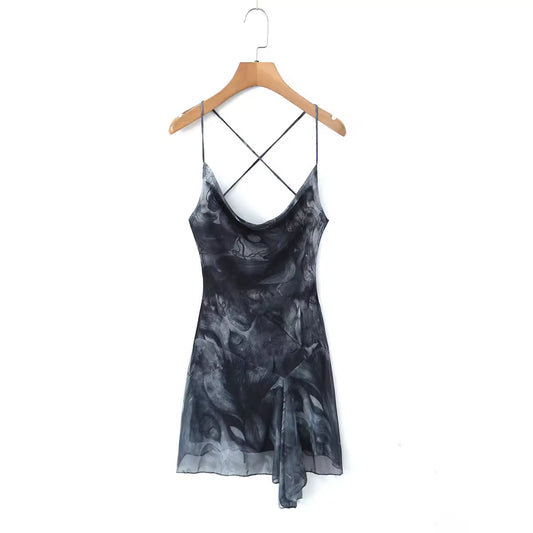 Sexy cross-strap backless halter dress, European and American hot girl tie-dye print mesh irregular waist dress . 11443