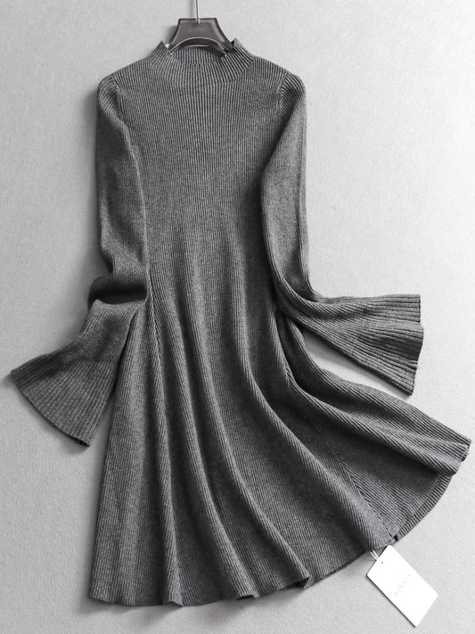 Solid color, high neck, slim fit, bell sleeve knit sweater dress, autumn and winter slim fit women's dress. 11322