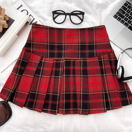 Retro-style plaid high-waisted slimming wool red midi skirt, anti-exposure short skirt, A-line skirt, pleated skirt for women. 11445