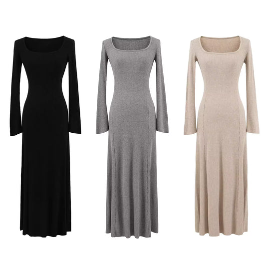 Black square neck long-sleeved knit dress for women, autumn and winter, slimming and flattering, perfect as an inner layer or sweater dress.  11438