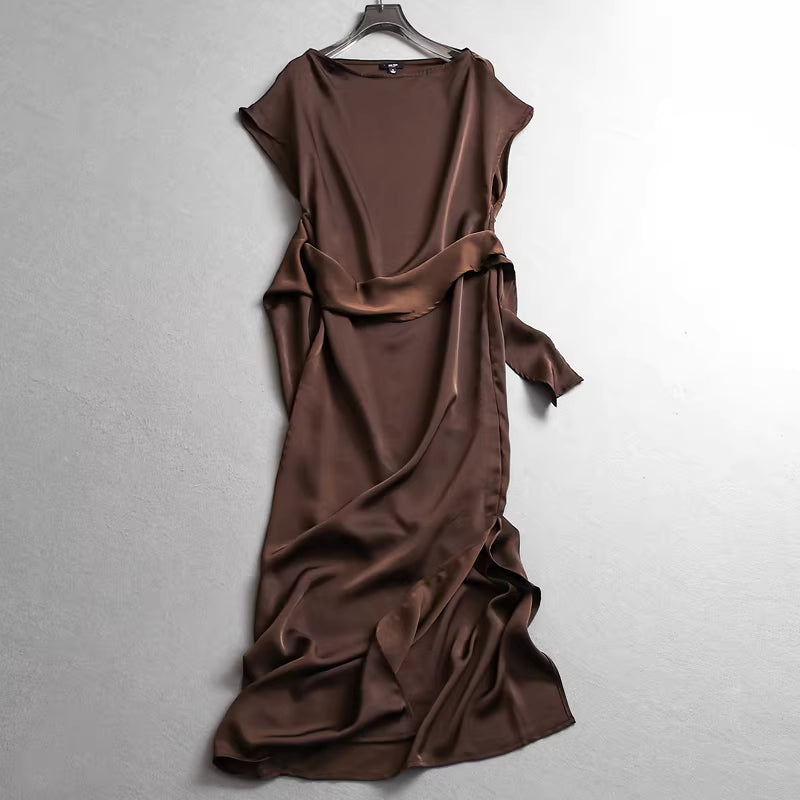 Minimalist style solid color satin flowy round neck raglan sleeve elegant commuter bodycon short sleeve dress 11299