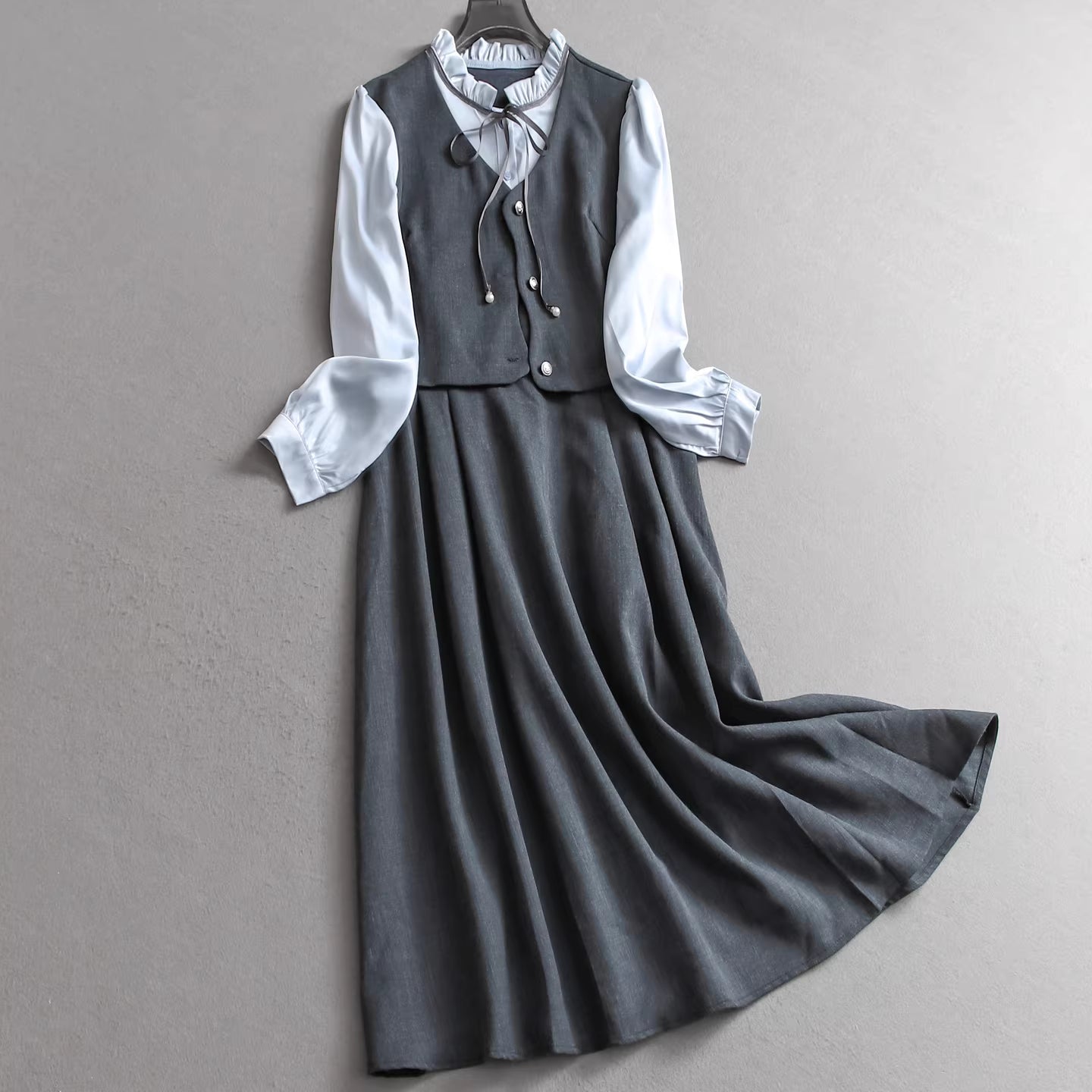 Leichtes Businesskleid im französischen Stil mit Farbblock-Design und Zweiteiler-Optik, neues, herbstliches, langärmeliges Damenkleid mit Einsätzen 11332