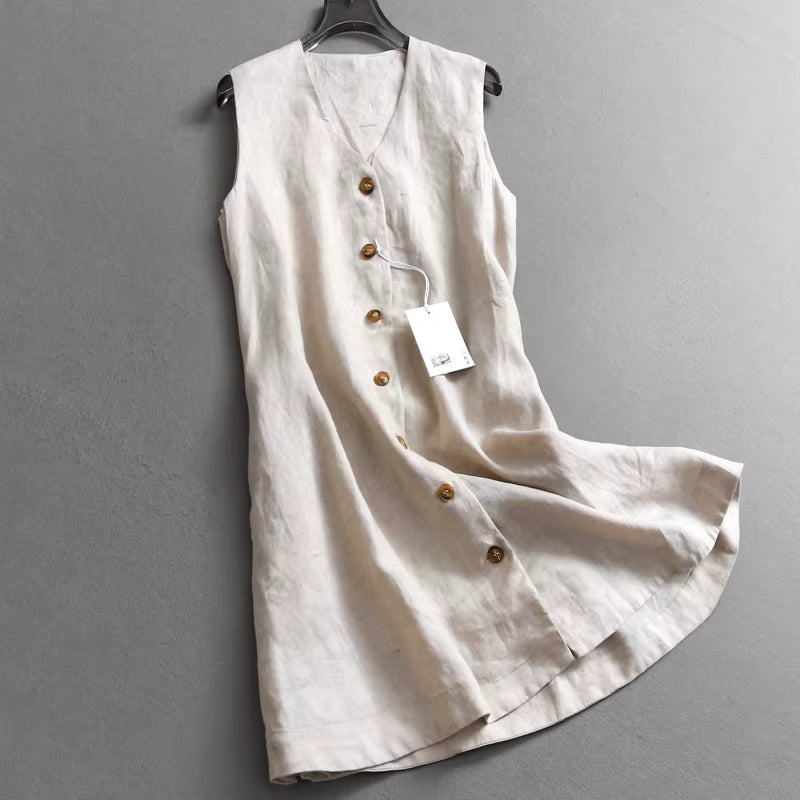 Einfarbiges, tailliertes Leinenkleid mit V-Ausschnitt und Knopfleiste, tailliert, elegant, mit Weste, Hemdblusenkleid 11298