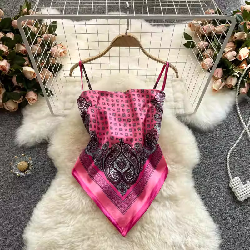 Damen-Camisole im europäischen und amerikanischen Stil mit einzigartigem Print, dezentem rückenfreiem Design, geknotetem Halsausschnitt, schmaler Passform und vielseitigem Tragekomfort. 11494