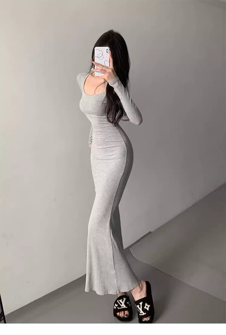 Sexy,  U-neck, bodycon, long-sleeved, figure-hugging fishtail dress, a classic style favored by Western hot girls. 11471