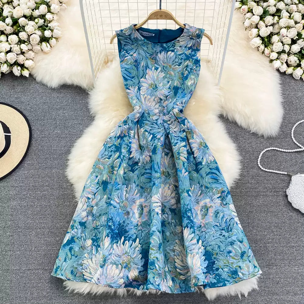 Sommerkleid im Retro-Palaststil mit Ölgemälde und Jacquardmuster, Rundhalsausschnitt, ärmellos, taillenabnehmend, mittellang und lang, A-Linie 11287