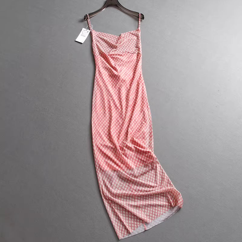 Karierter, figurbetonter Rock aus Netzstoff, schulterfreier Stil, sommerliches Trägerkleid für Damen 11297