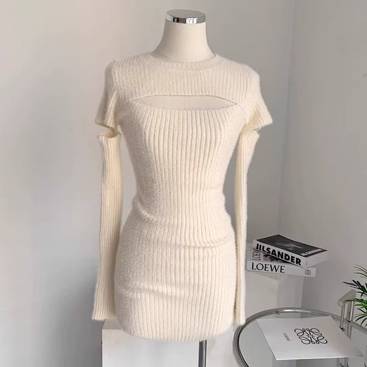White, pure and alluring knitted dress, perfect for autumn and winter, bodycon base layer, slim fit sweater dress, trendy. 11489