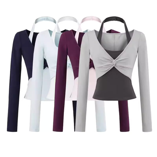 Color-blocked knotted faux two-piece halter neck long-sleeved T-shirt for women, autumn style, sexy look, slimming and flattering.  11433