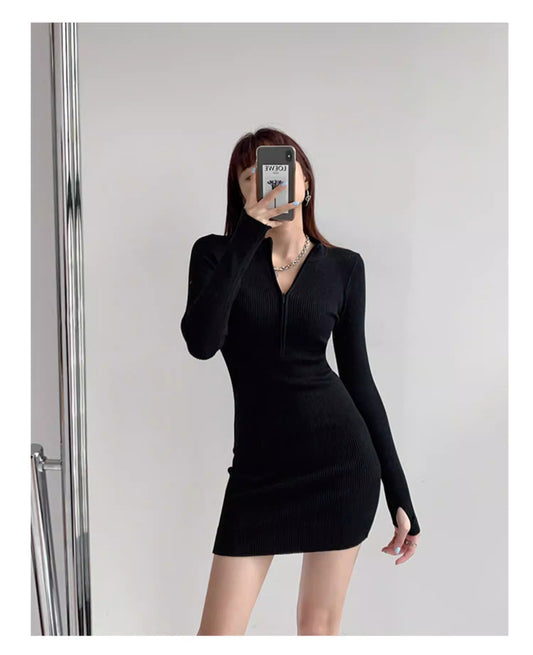 Sexy and hot style zipper high neck bodycon mini skirt women's spring and autumn long sleeve knitted little black dress tight dress trendy 11481