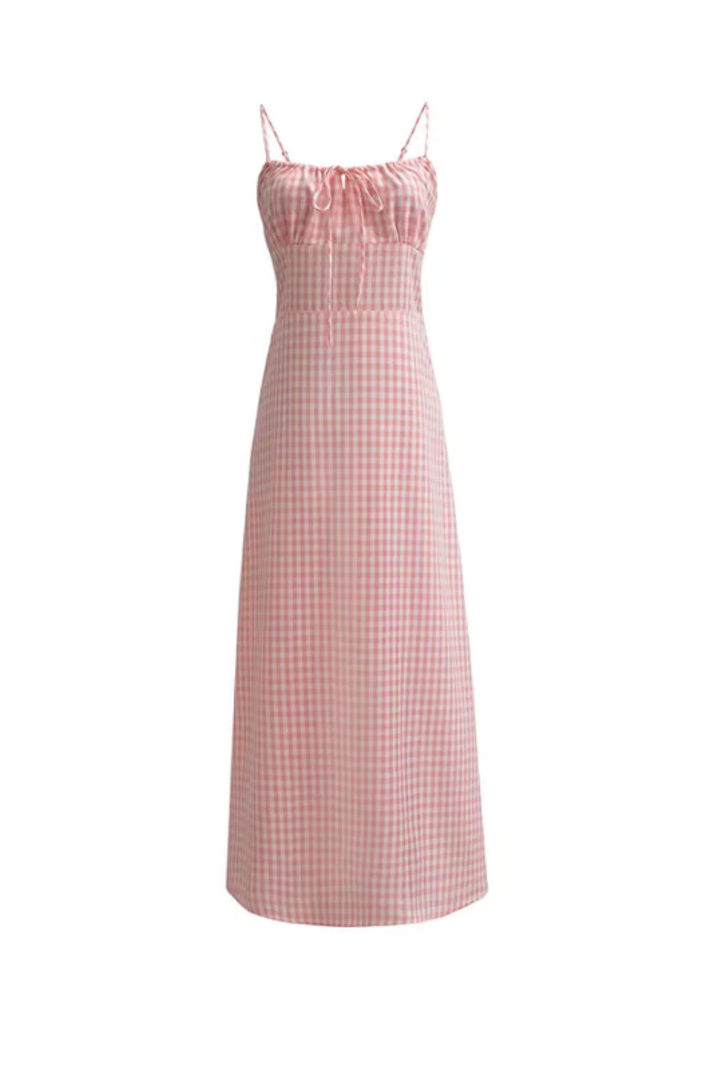 Französisches Retro-Kleid im blauen Karomuster mit Neckholder, plissiertem Oberteil und Bindegürtel, figurschmeichelndes und schlankmachendes langes Kleid 11345