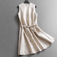 Einfarbiges, tailliertes Leinenkleid mit V-Ausschnitt und Knopfleiste, tailliert, elegant, mit Weste, Hemdblusenkleid 11298