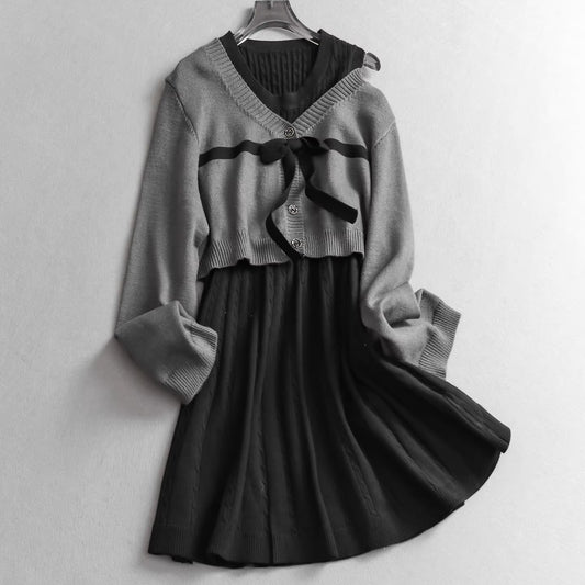 „Kreieren Sie mühelos einen stilvollen Look“ – Junges Strickkleid-Set mit Schleife, V-Ausschnitt und langen Ärmeln 11328