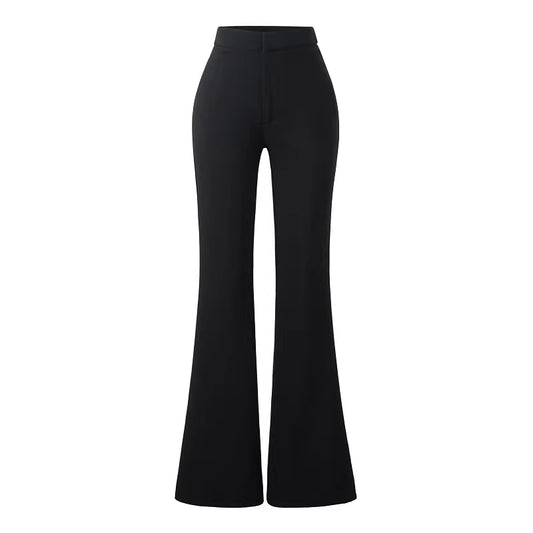 Women's black flared suit pants for summer, solid color, high-waisted, slim-fitting, slightly flared.  11432