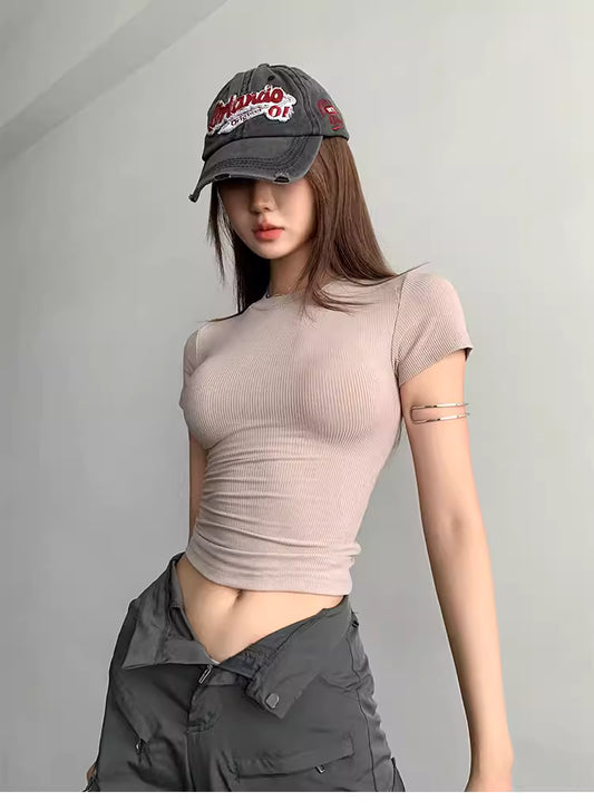 European and American style sexy figure-flattering stretchy tight-fitting round neck short-sleeved T-shirt, spring and autumn slimming base layer top  11468