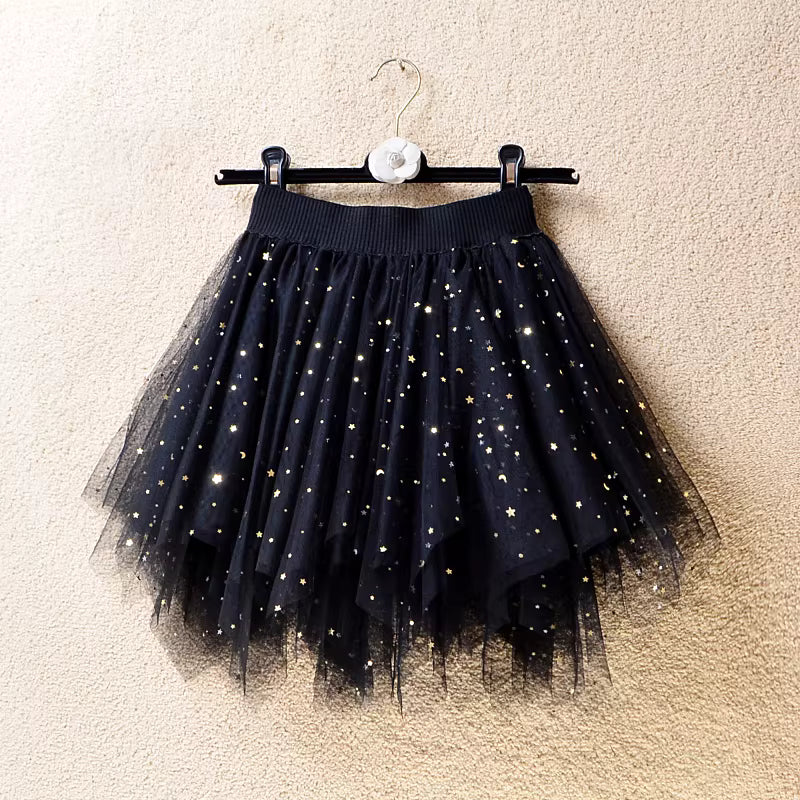 Damen-Frühling/Sommer-Kollektion: Neuer, asymmetrischer Mesh-Rock mit Pailletten, hochgeschnittener Minirock, figurformend, weit schwingend, voluminöser Rock (Modell 11366)