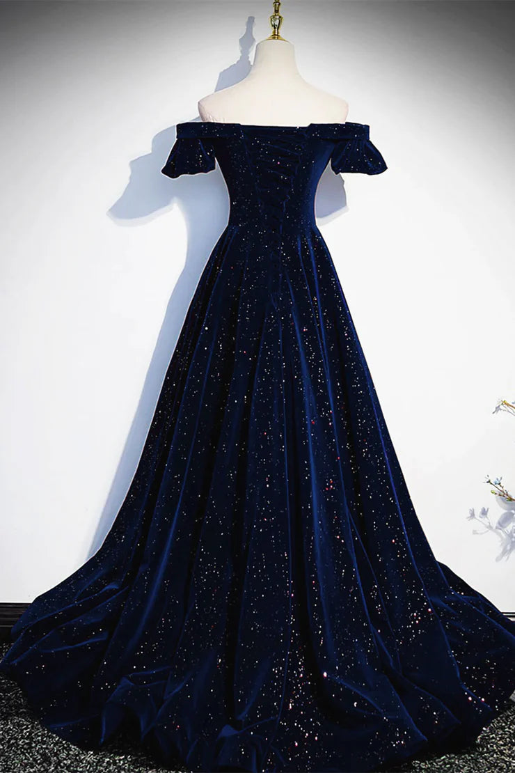 Dunkelblau/burgunderrot glänzendes elegantes langes Ballkleid aus Samt für formelle Anlässe gh3211