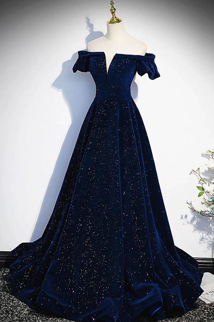 Dunkelblau/burgunderrot glänzendes elegantes langes Ballkleid aus Samt für formelle Anlässe gh3211
