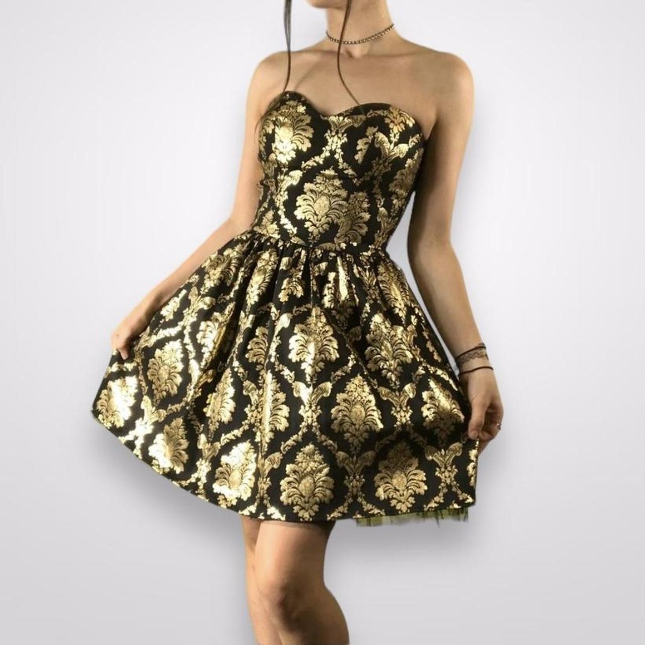🖤 ​​Y2K Gold und Schwarz Fashion Jacquard Brokat bedruckt Mini Kurzes Homecoming-Kleid Cocktailkleid Partykleid gh4610