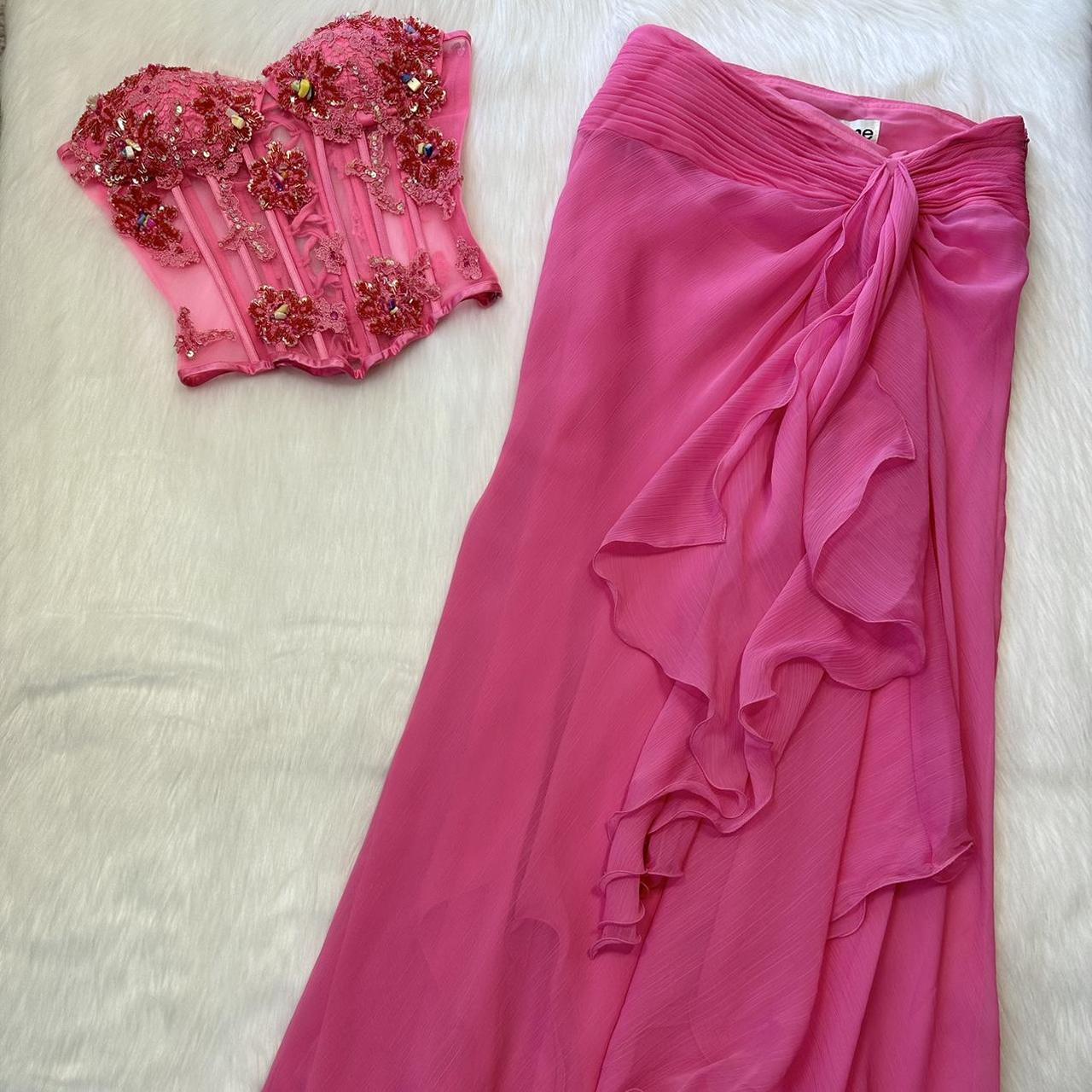 Robe longue de soirée élégante en deux pièces, ornée de perles roses, gh4309