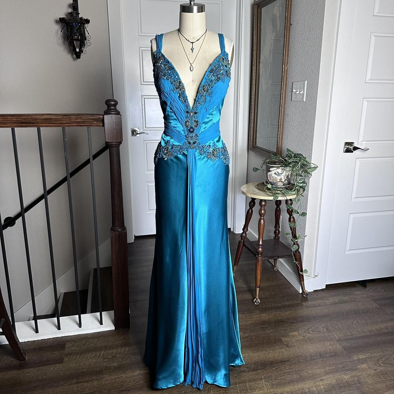 Robe de soirée bleue rétro à col en V, élégante, exquise, perlée, florale, longue, sexy, fine, bretelles spaghetti, robe de bal, robe de soirée, robe de bal gh3680