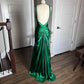 Green Shiny Vintage Fashion Sexy V-neck Rhinestone Bodycon Long Satin Backless Formal Prom Dress Evening Dress Party Dress gh3688