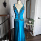 Robe de soirée bleue rétro à col en V, élégante, exquise, perlée, florale, longue, sexy, fine, bretelles spaghetti, robe de bal, robe de soirée, robe de bal gh3680
