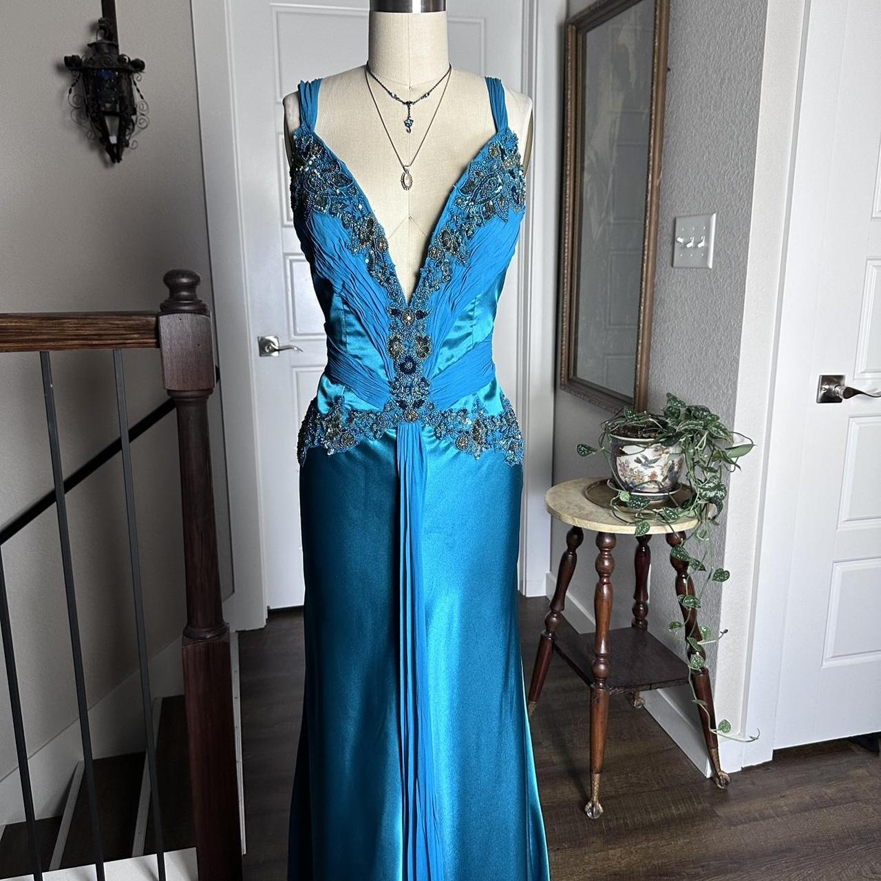 Robe de soirée bleue rétro à col en V, élégante, exquise, perlée, florale, longue, sexy, fine, bretelles spaghetti, robe de bal, robe de soirée, robe de bal gh3680