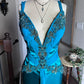 Robe de soirée bleue rétro à col en V, élégante, exquise, perlée, florale, longue, sexy, fine, bretelles spaghetti, robe de bal, robe de soirée, robe de bal gh3680