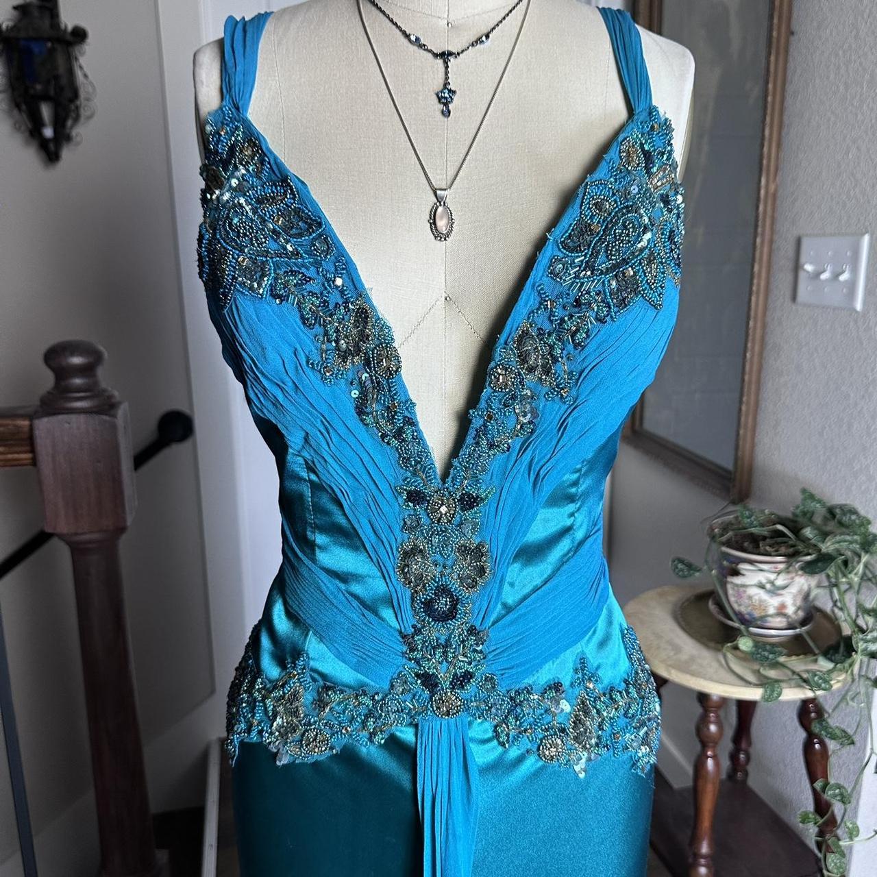 Robe de soirée bleue rétro à col en V, élégante, exquise, perlée, florale, longue, sexy, fine, bretelles spaghetti, robe de bal, robe de soirée, robe de bal gh3680