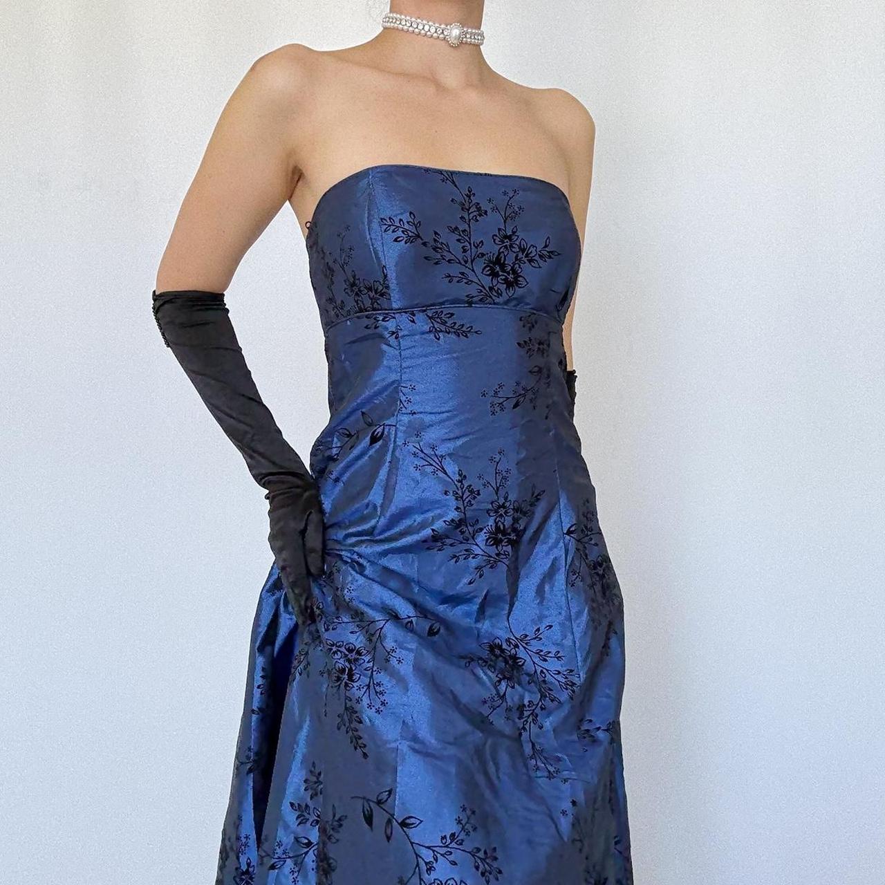 Robe de soirée longue en velours bleu marine, style vintage floral, style trompette, gh4350