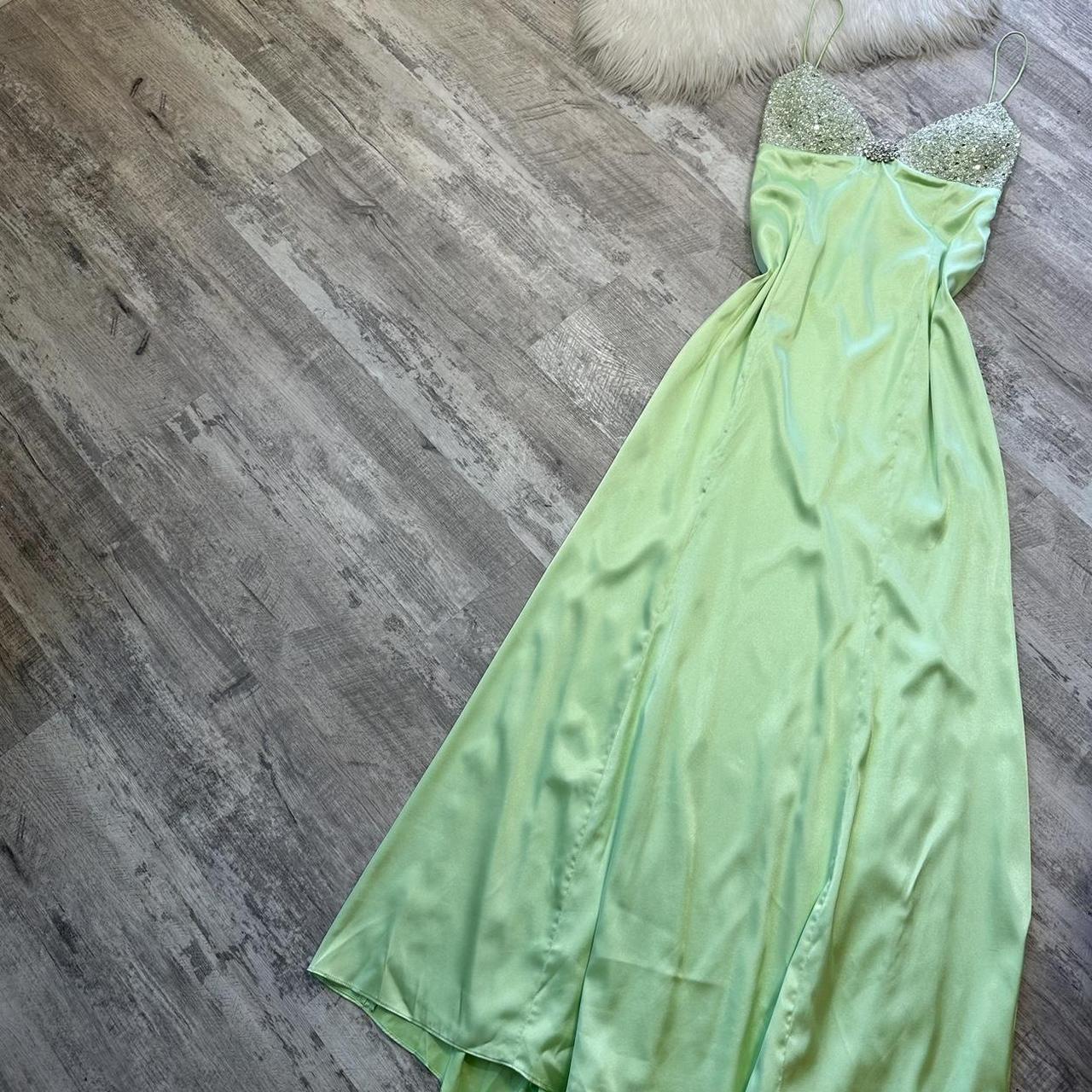 Robe longue en satin vert clair brillant, élégante, vintage, bretelles spaghetti, paillettes, strass, robe de soirée, gh4301